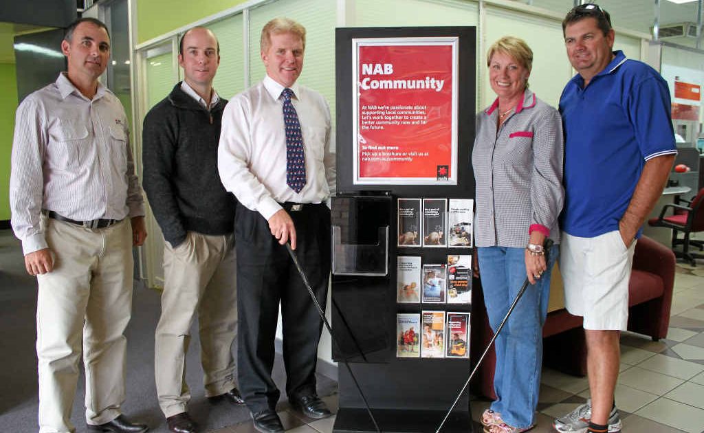 NAB’s Paul Swift, Jacob Paynter, Kevin Flynn with golf day organisers Judy Lester and captain Adrian Murphy. NAB’s Paul Swift, Jacob Paynter, Kevin Flynn with golf day organisers Judy Lester and captain Adrian Murphy.